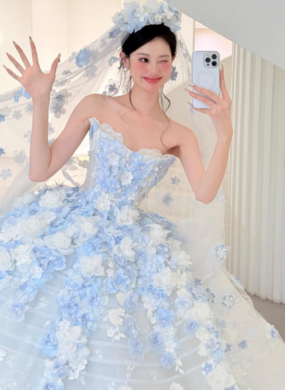 Fairytale White Tulle Strapless A-Line 3D Applique Trailing Wedding Dress ED02445