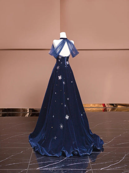 Elegantes Marineblaues Herzausschnitt A-Linie Samt Langes Ballkleid Formelle Abendkleider ED02446