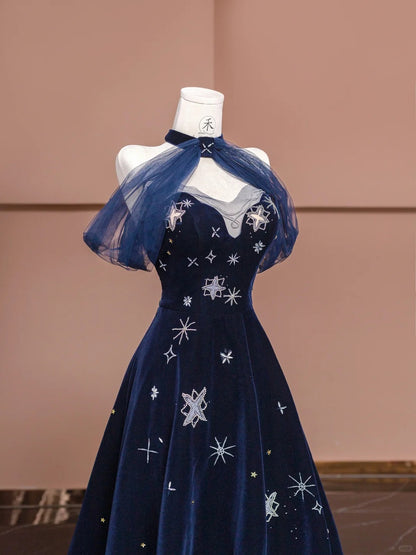 Elegantes Marineblaues Herzausschnitt A-Linie Samt Langes Ballkleid Formelle Abendkleider ED02446