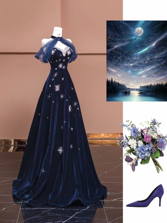 Robe de soirée élégante en velours bleu marine, coupe trapèze, décolleté en cœur, longue, ED02446