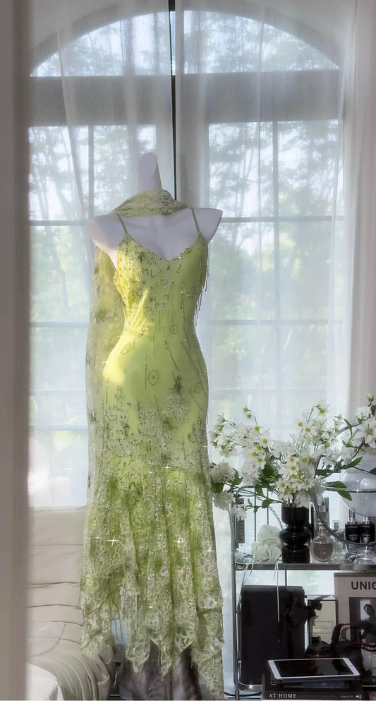 Superbe robe de bal sirène verte à bretelles spaghetti en mousseline de soie et perles, robe de soirée vintage ED02447