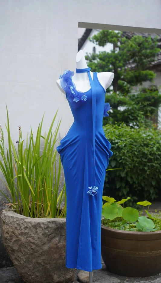 Superbe robe de soirée bleu roi en mousseline de soie, col en U, moulante, robe de bal ED02448