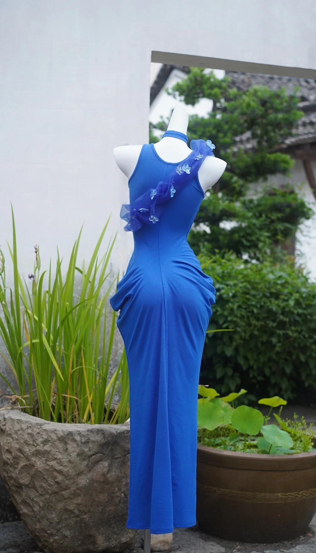Superbe robe de soirée bleu roi en mousseline de soie, col en U, moulante, robe de bal ED02448
