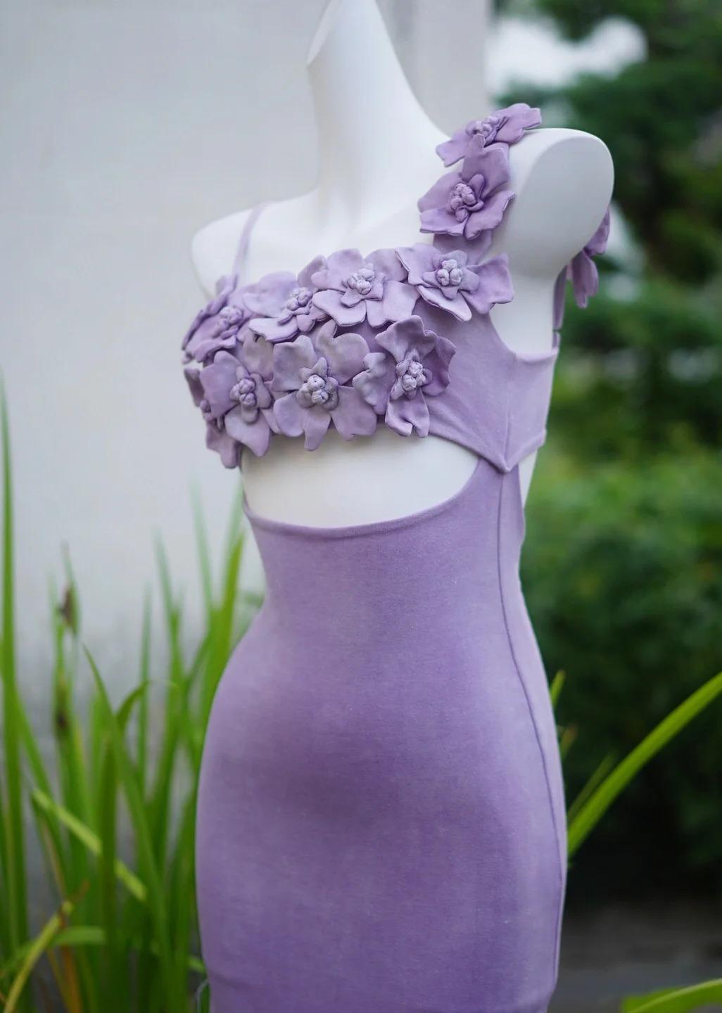 Robe de bal courte moulante à col carré et fentes, style conte de fées, lilas, ED02449
