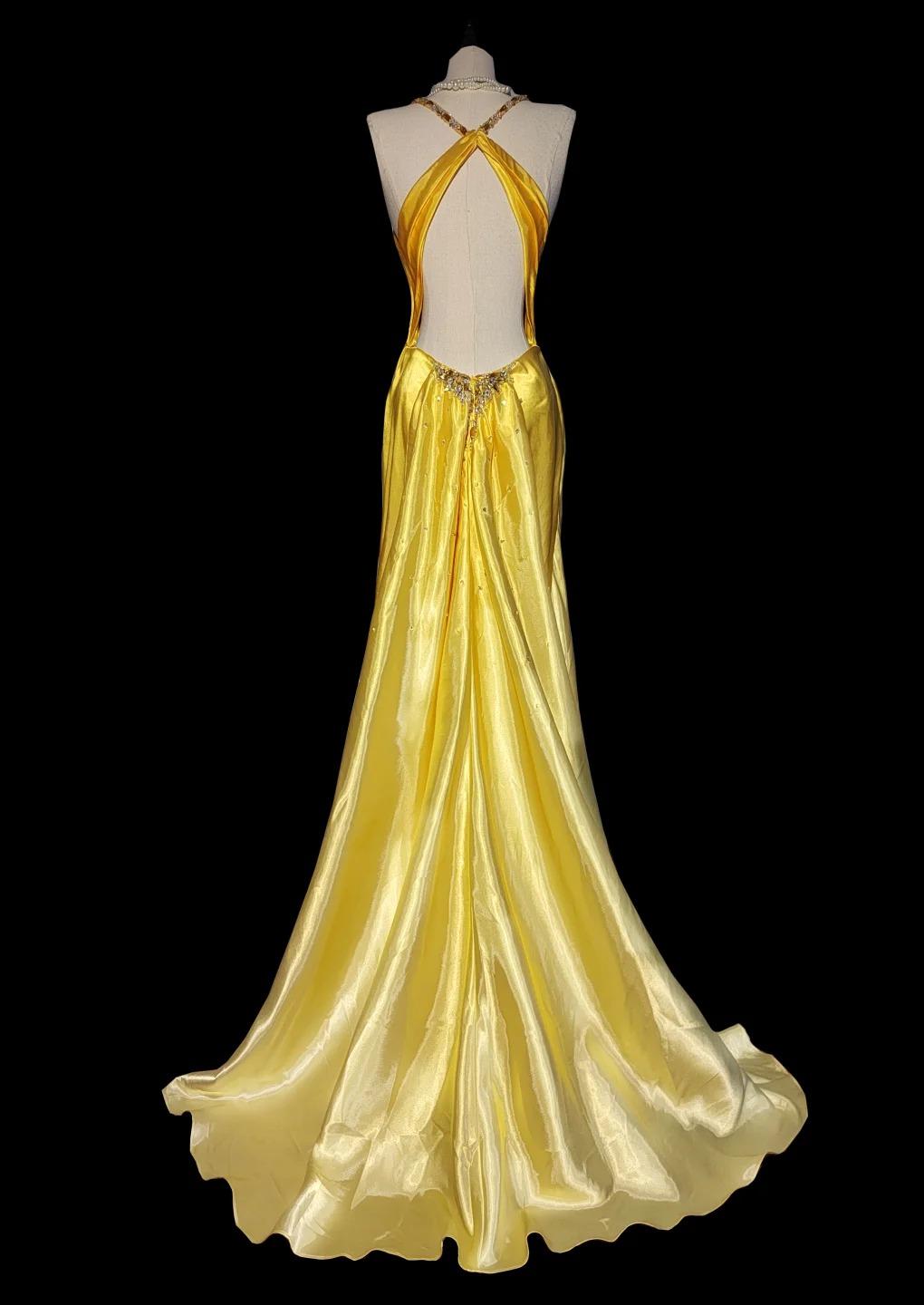 Robe de soirée longue élégante en satin jaune vif, col en V, style sirène, avec perles, dos nu, ED02450