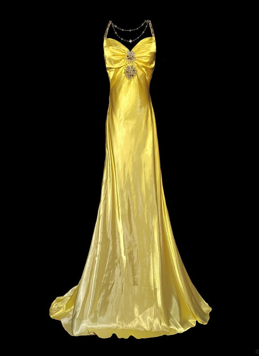 Robe de soirée longue élégante en satin jaune vif, col en V, style sirène, avec perles, dos nu, ED02450