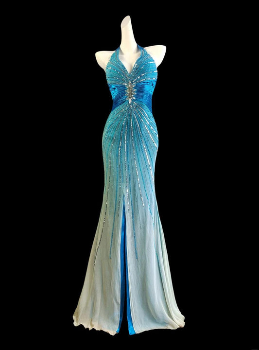 Robe de soirée sirène en mousseline de soie bleu glamour, col en V, dos nu, perles, ED02451