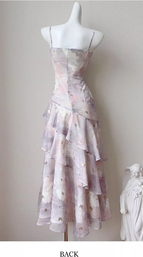 Fairytale Purple Spaghetti Straps A-Line Chiffon Prom Dresses Evening Gowns with Ruffles ED02452