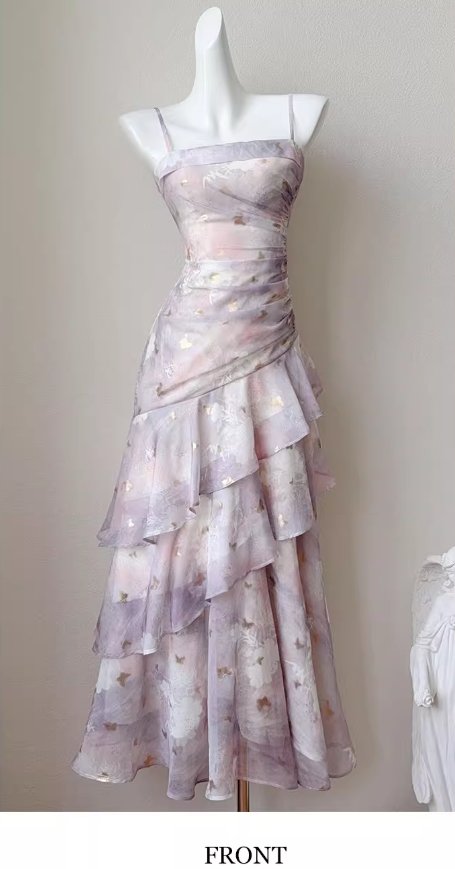 Fairytale Purple Spaghetti Straps A-Line Chiffon Prom Dresses Evening Gowns with Ruffles ED02452
