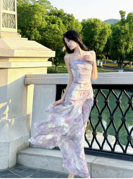 Fairytale Purple Spaghetti Straps A-Line Chiffon Prom Dresses Evening Gowns with Ruffles ED02452