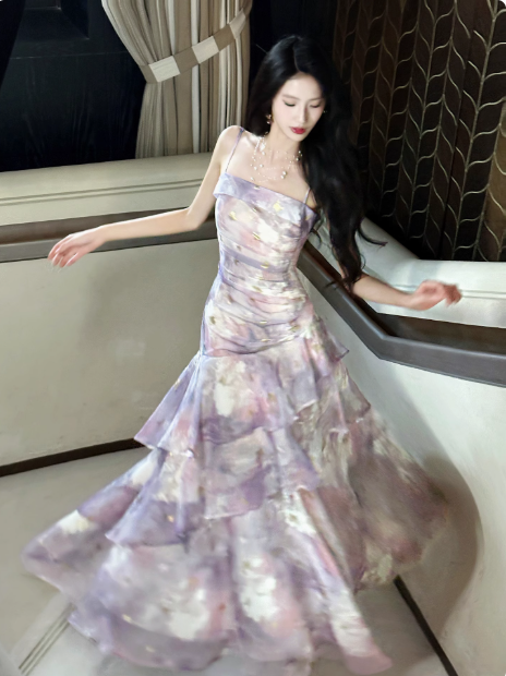 Robe de soirée trapèze en mousseline de soie violette à bretelles spaghetti et volants, style conte de fées, ED02452