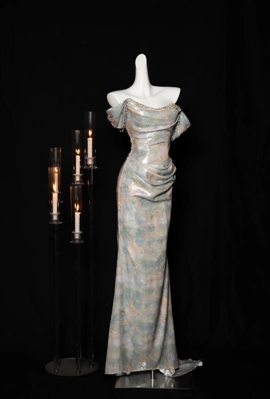 Robe de soirée élégante à paillettes et épaules dénudées, style sirène, dos nu, ED02453