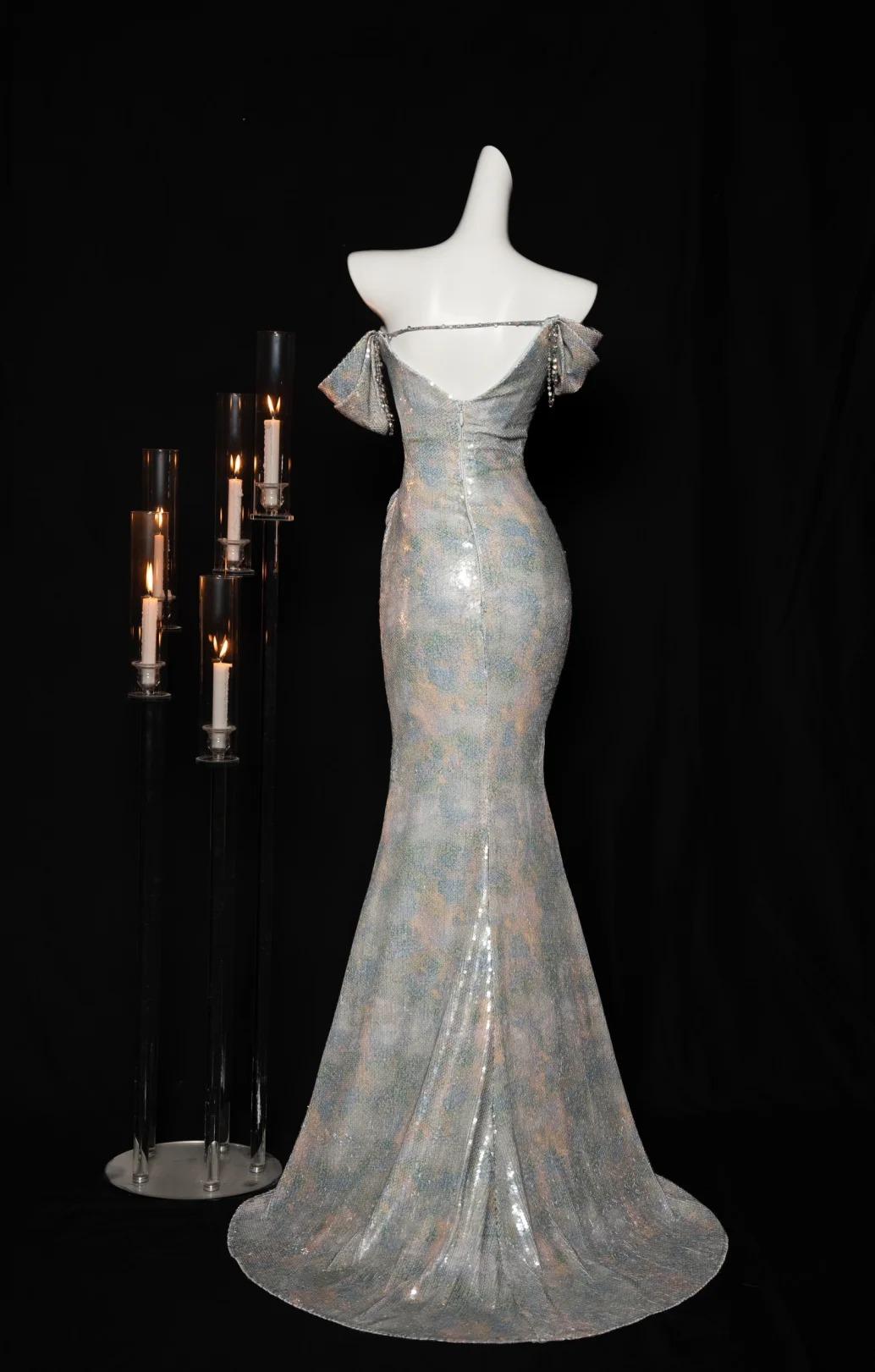 Elegante schulterfreie Meerjungfrau-Ballkleider mit Pailletten und offenem Rücken, formelle Abendkleider ED02453