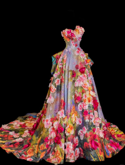 Superbe robe de mariée trapèze en satin jacquard sans bretelles avec traîne à appliques 3D ED02454