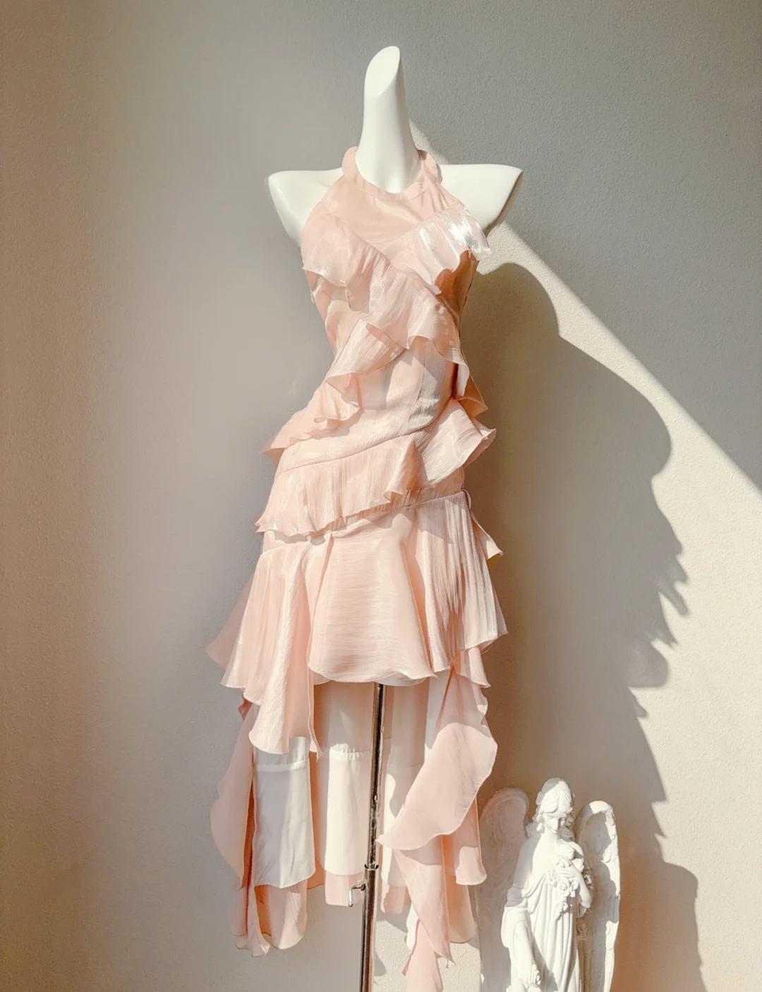 Sweet Peach Halter Neck A-Line Chiffon Layered Prom Dresses Fashion Birthday Evening Dress Gowns ED02455