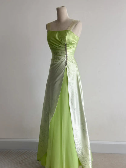 Fairytale Green Square Neck A-Line Satin Sequins Prom Dresses Vintage Tulle Party Dress ED02457