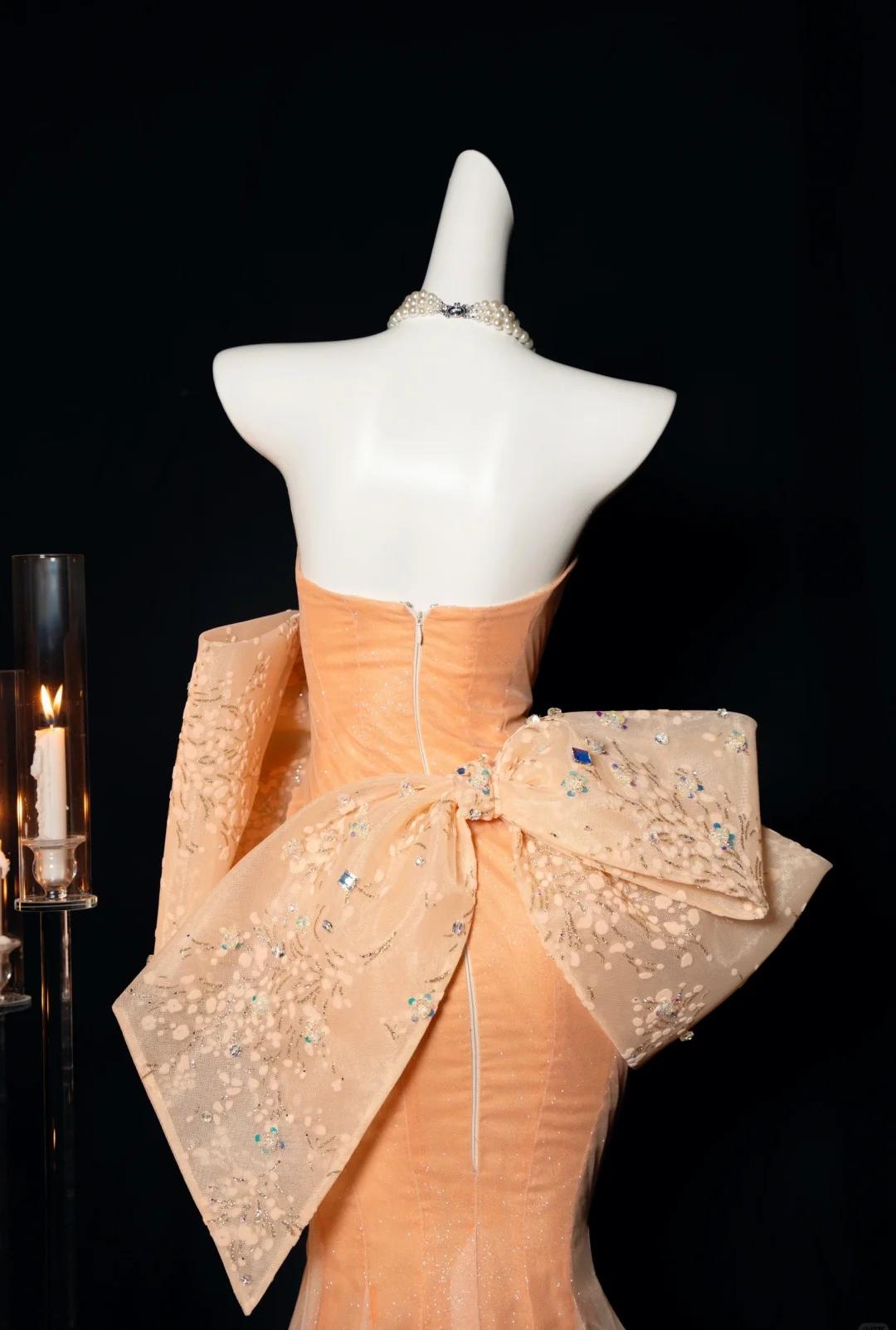 Superbe robe de bal sirène orange sans bretelles en tulle, robe de soirée glamour avec nœud ED02458