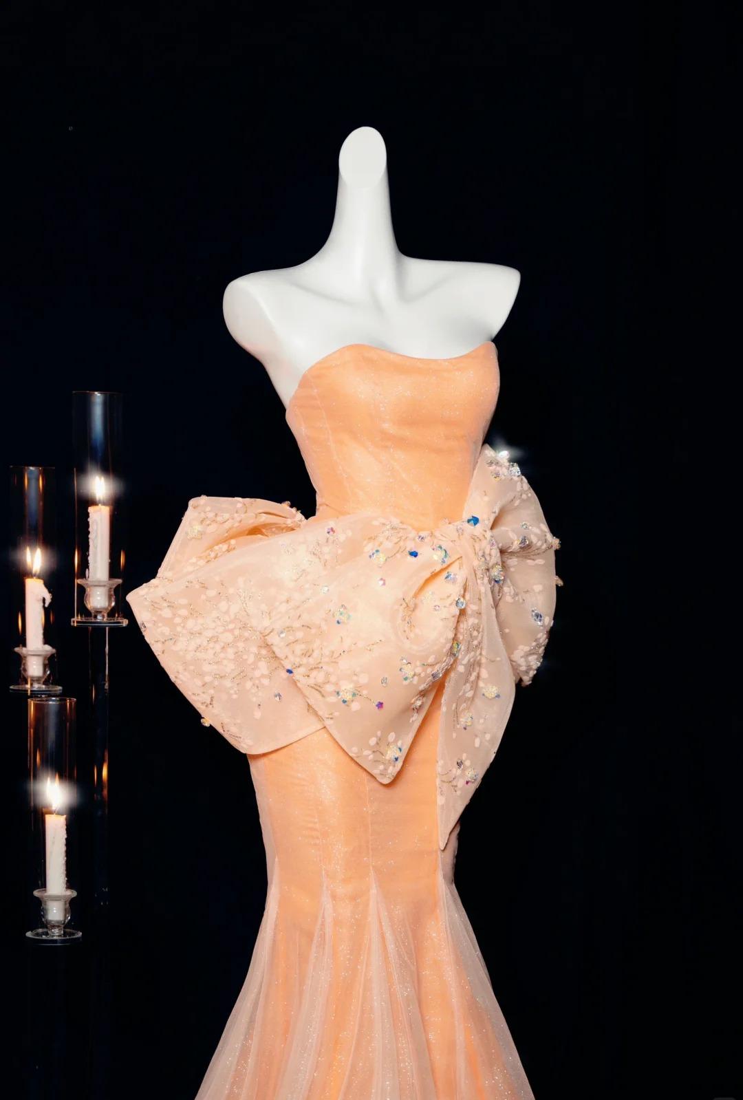 Superbe robe de bal sirène orange sans bretelles en tulle, robe de soirée glamour avec nœud ED02458
