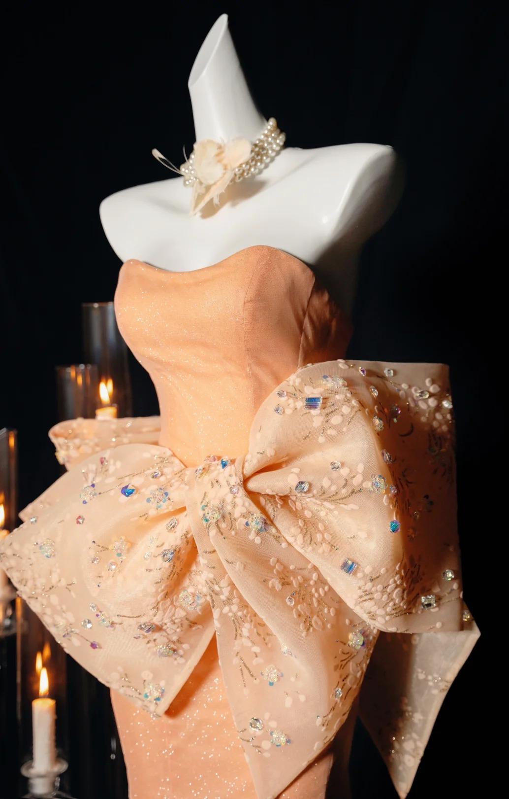 Superbe robe de bal sirène orange sans bretelles en tulle, robe de soirée glamour avec nœud ED02458
