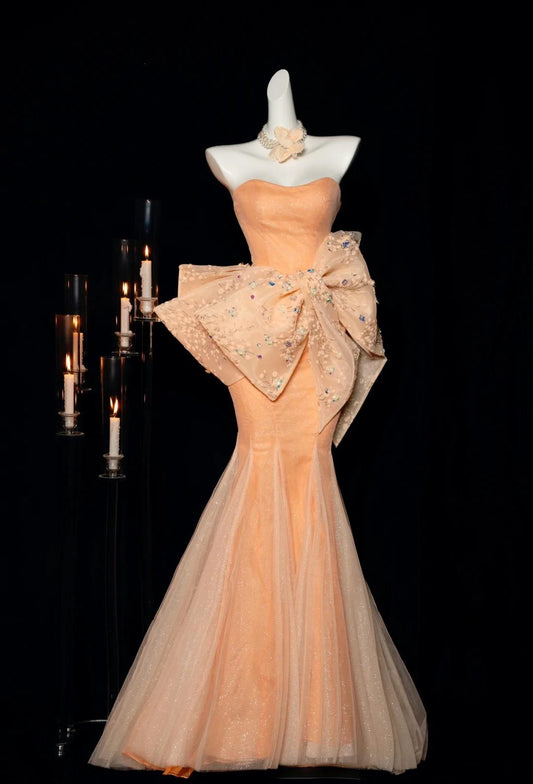 Superbe robe de bal sirène orange sans bretelles en tulle, robe de soirée glamour avec nœud ED02458
