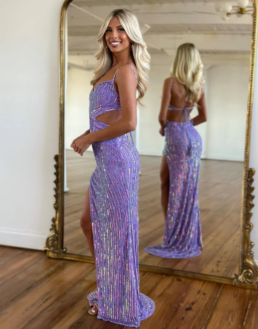 Robe de soirée fourreau violette à bretelles spaghetti et paillettes, tenue de bal élégante, ED02459