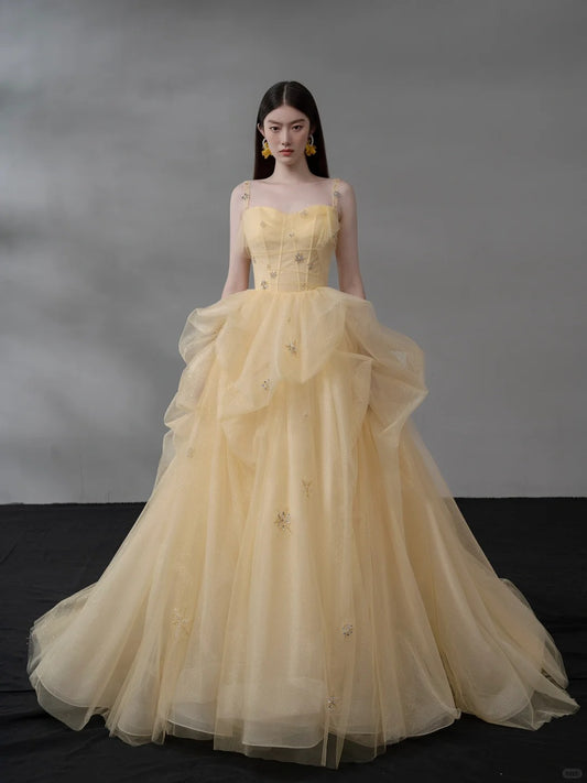 Robe de bal longue en tulle orange clair pailleté, bretelles spaghetti, coupe trapèze, magnifique robe de mariée avec strass ED02460