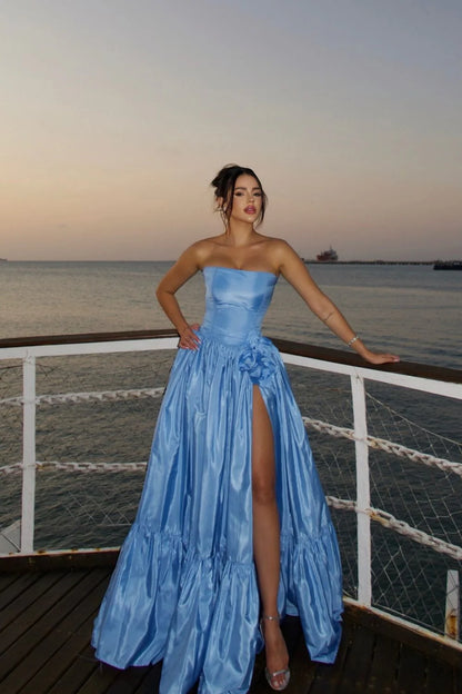 Mode Blau Trägerlosen A-linie Satin Ballkleider Elegante Formale Abendkleider ED02462