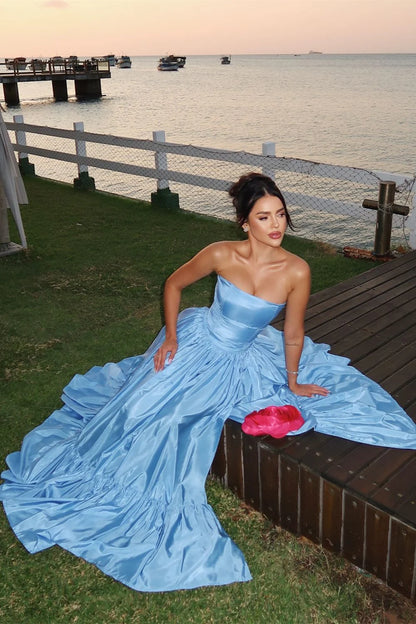 Mode Blau Trägerlosen A-linie Satin Ballkleider Elegante Formale Abendkleider ED02462