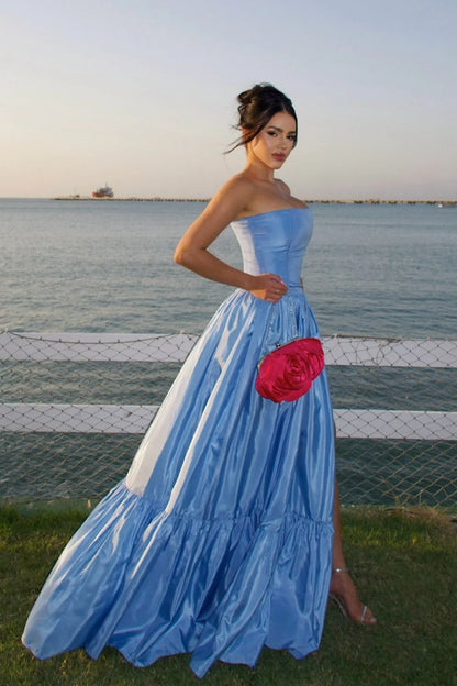 Mode Blau Trägerlosen A-linie Satin Ballkleider Elegante Formale Abendkleider ED02462