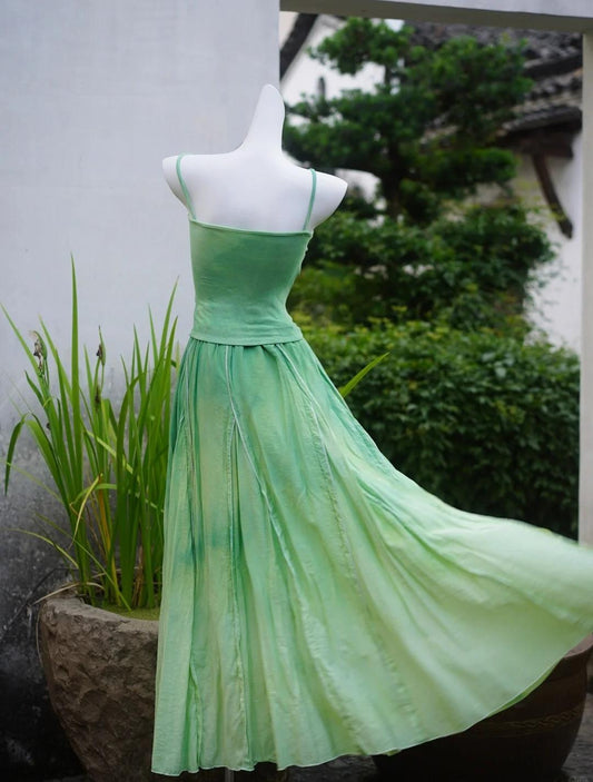 Robe de soirée longue trapèze à bretelles spaghetti vert dégradé, robe de bal d'anniversaire ED02466
