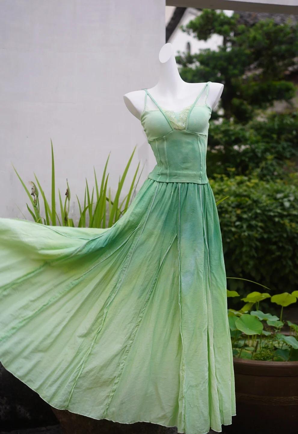 Robe de soirée longue trapèze à bretelles spaghetti vert dégradé, robe de bal d'anniversaire ED02466