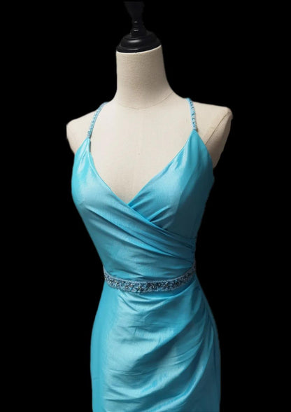Robe de soirée élégante en taffetas bleu sirène, col en V, longue, ED02467