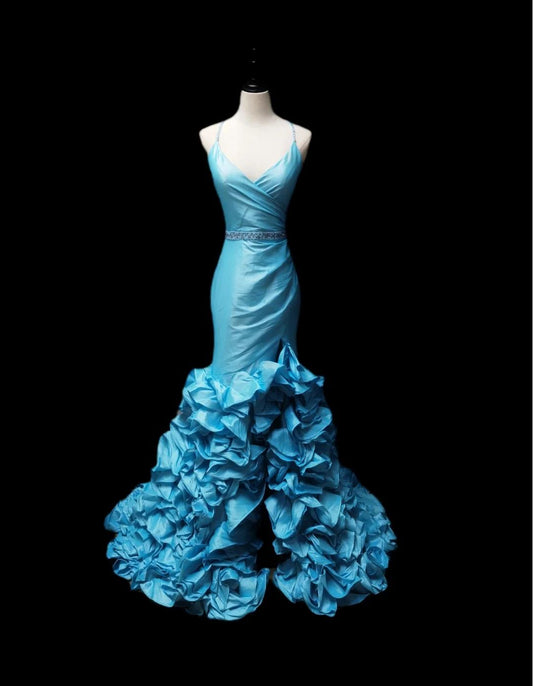 Robe de soirée élégante en taffetas bleu sirène, col en V, longue, ED02467