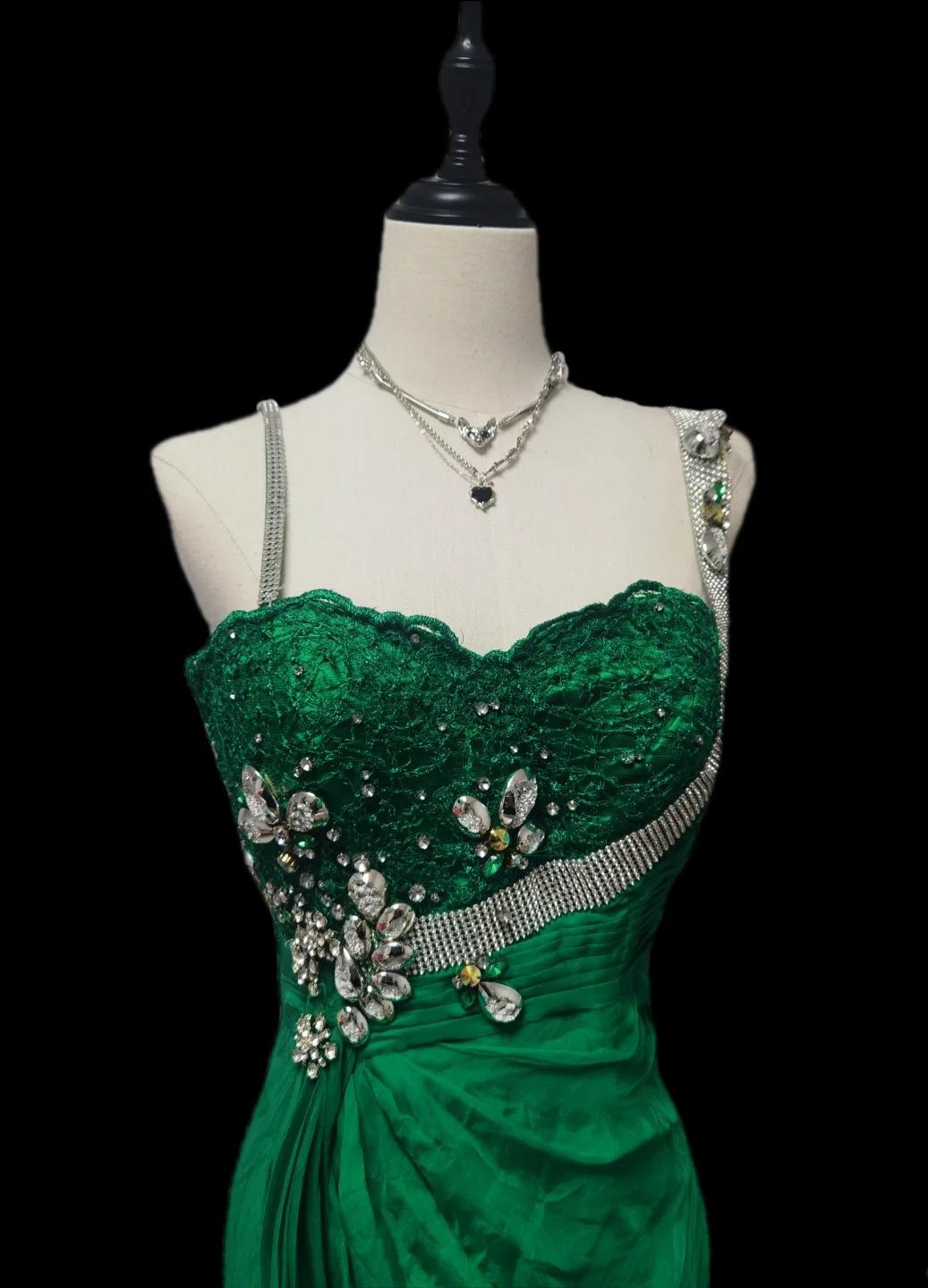 Superbe robe de bal longue en mousseline de soie vert chasseur avec perles, style sirène, ED02468