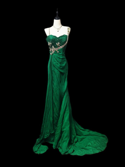 Superbe robe de bal longue en mousseline de soie vert chasseur avec perles, style sirène, ED02468