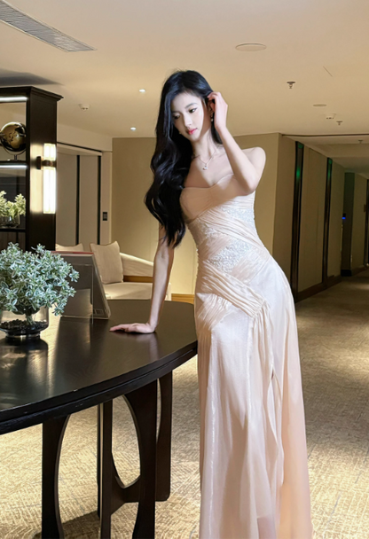Sweet Light Pink Spaghetti Straps Party Dress A-Line Chiffon Sequin Long Prom Dresses ED02469