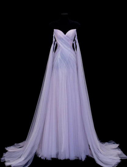 Elegantes lila trägerloses A-Linie Tüll langes Ballkleid formelle Abendkleider ED02470