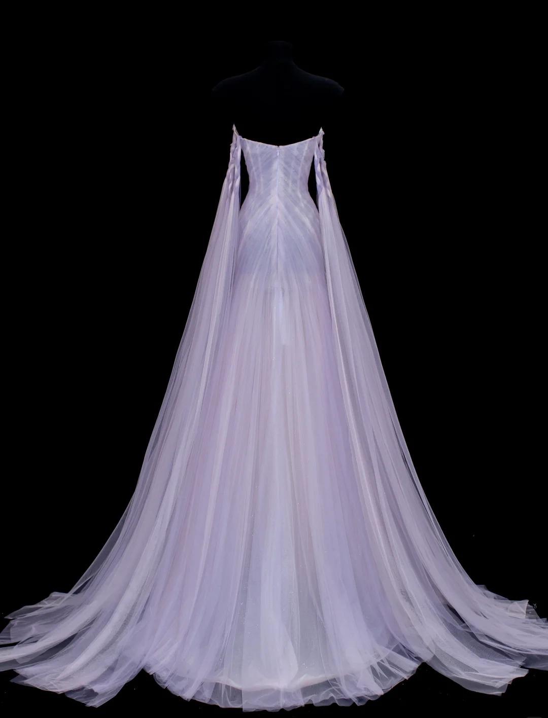 Elegantes lila trägerloses A-Linie Tüll langes Ballkleid formelle Abendkleider ED02470