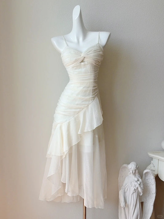 Robe de soirée simple en mousseline de soie abricot à bretelles spaghetti, jolie robe trapèze ED02471