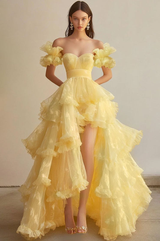 Superbe robe de bal longue en tulle jaune beurre, décolleté en cœur, coupe trapèze, robe de soirée formelle ED02472
