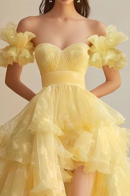 Wunderschönes Buttergelbes Herzausschnitt A-Linie Tüll Langes Ballkleid Formelle Abendkleider ED02472