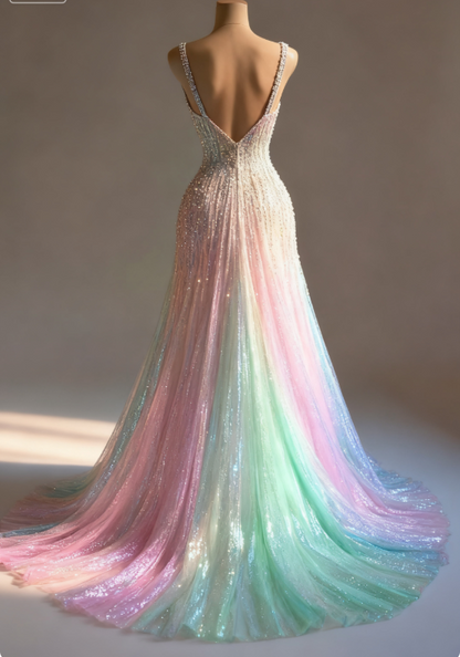 Atemberaubendes, farbenfrohes, langes Ballkleid aus Tüll mit V-Ausschnitt und Pailletten ED02473