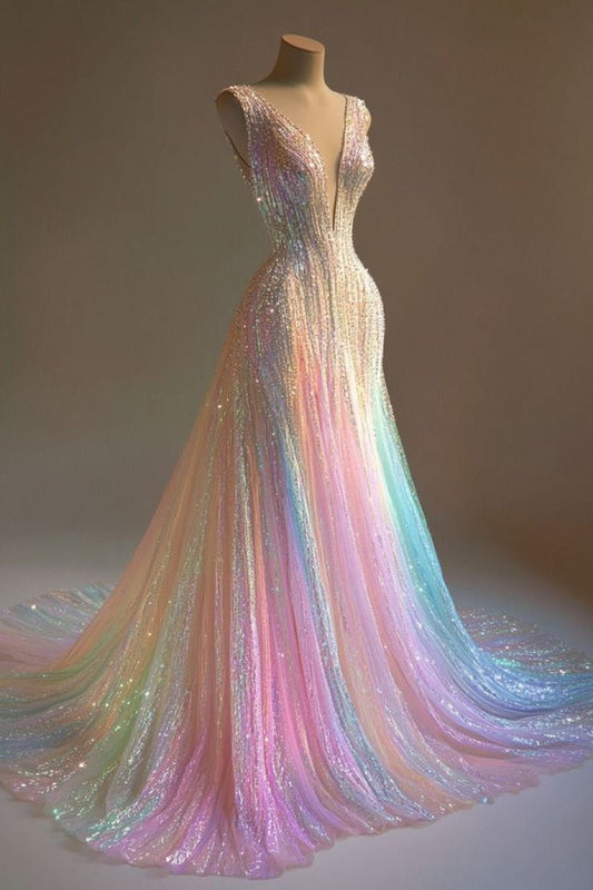 Stunning Colorful V-Neck A-Line Sequined Tulle Long Prom Dresses ED02473