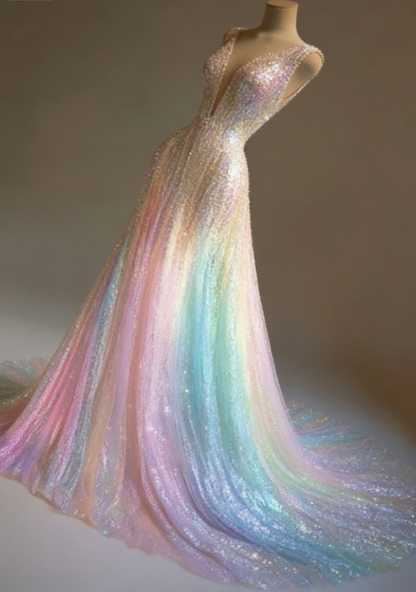 Stunning Colorful V-Neck A-Line Sequined Tulle Long Prom Dresses ED02473