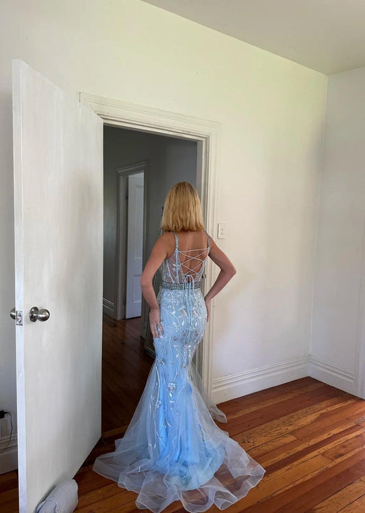 Robe de soirée élégante en tulle, style sirène, bretelles spaghetti, dos nu, avec appliques, gris et bleu, ED02474