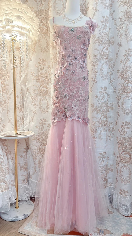 Robe de soirée longue rose à col carré et dentelle style sirène, en tulle et dentelle, style vintage, avec appliques, ED02475