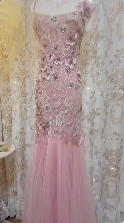 Robe de soirée longue rose à col carré et dentelle style sirène, en tulle et dentelle, style vintage, avec appliques, ED02475