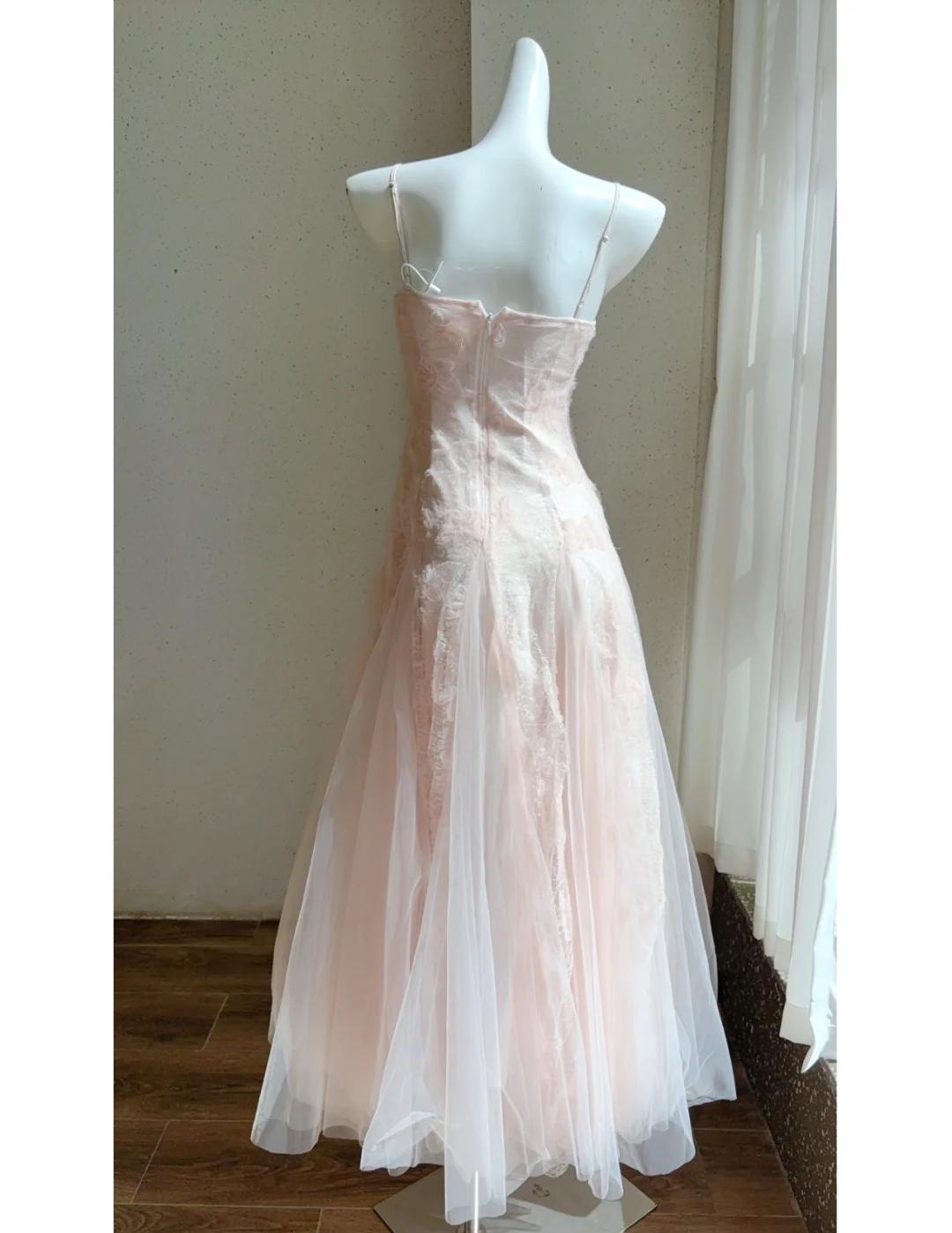 Robe de bal longue rose à bretelles spaghetti, coupe trapèze, en tulle, tenue de soirée d'anniversaire, ED02476