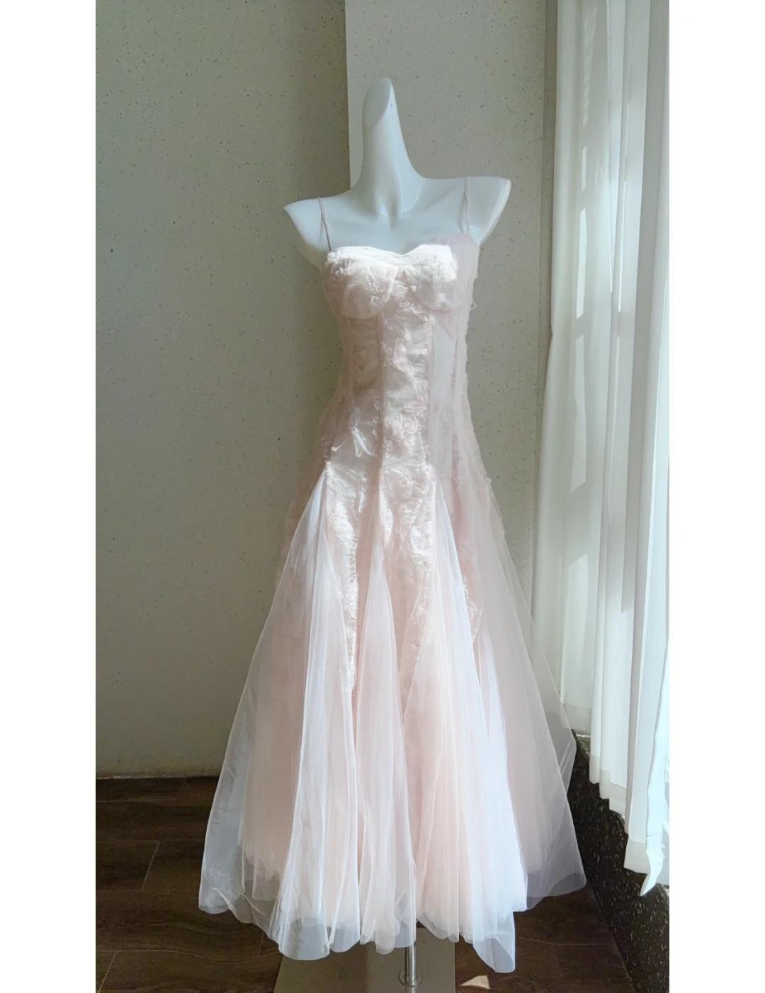 Robe de bal longue rose à bretelles spaghetti, coupe trapèze, en tulle, tenue de soirée d'anniversaire, ED02476