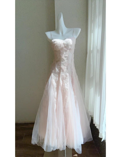 Robe de bal longue rose à bretelles spaghetti, coupe trapèze, en tulle, tenue de soirée d'anniversaire, ED02476